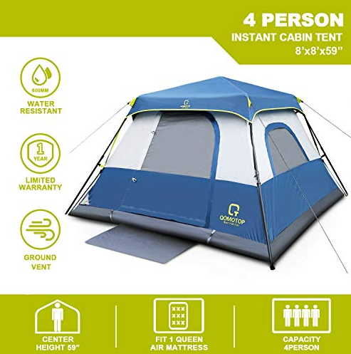 OT QOMOTOP Tents, 4 Person 60 Seconds Set Up Camping Tent, Waterproof Pop Up Tent with Top Rainfly, Instant Cabin Tent, Advanced Venting Design - QTIC04