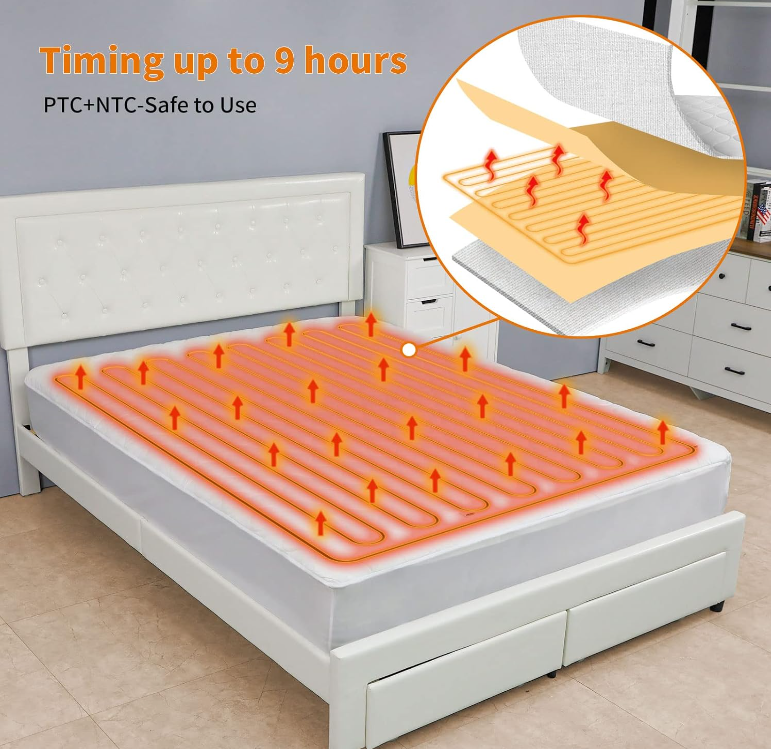 Heated Mattress Pad King Size 76*80in(193*203cm), Quilted Cotton Electric Mattress Pad with Two Heating Digital Controllers, 6 Heat Setting, 9 Hours Auto Shut Off, 50cm Deep All Around Elastic Pocket-OWF-FSK