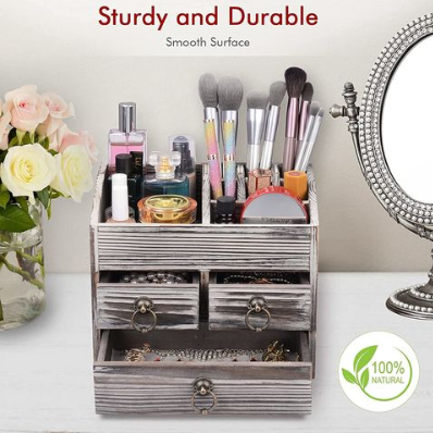 Wooden Makeup Organizer Storage Organizer with 3 Drawers 8 Compartments Desk Cosmetic Storage Box RSMBG215762