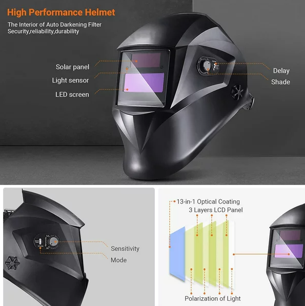 TACKLIFE Welding Helmet, True Color and Solar Power Auto Darkening Grinding Helmet Wide Shade Range DIN9-13, Anti-Ultraviolet Infrared.3Pcs Replacement Lenses- TKMZ01HD, Matt Black
