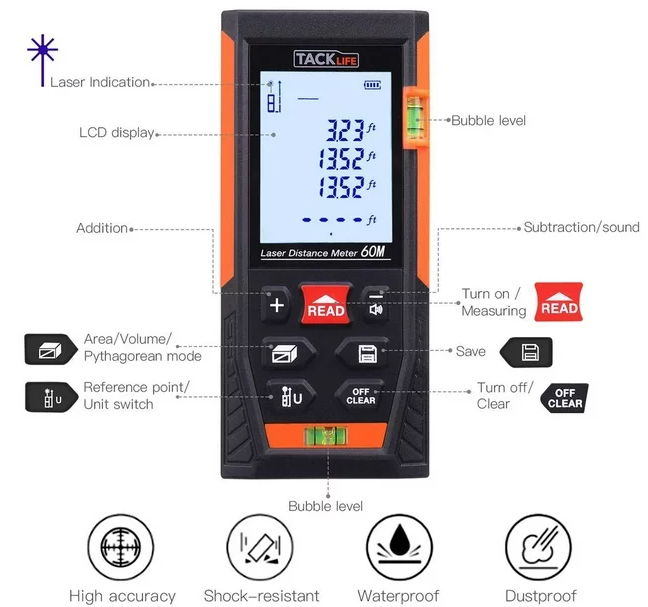 TACKLIFE Laser Measure,196Ft Mute Laser Distance Meter with 2 Bubble Levels, Pythagorean Mode -HD60