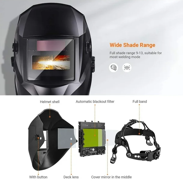 TACKLIFE Welding Helmet, True Color and Solar Power Auto Darkening Grinding Helmet Wide Shade Range DIN9-13, Anti-Ultraviolet Infrared.3Pcs Replacement Lenses- TKMZ01HD, Matt Black