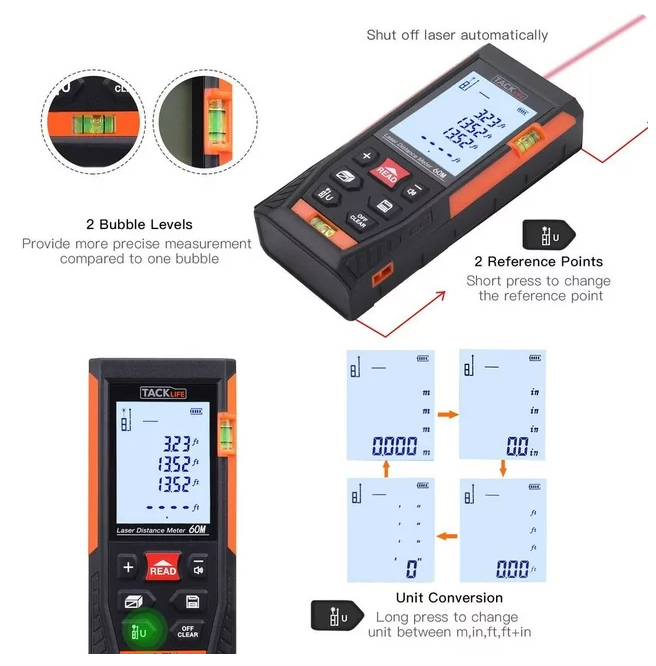 TACKLIFE Laser Measure,196Ft Mute Laser Distance Meter with 2 Bubble Levels, Pythagorean Mode -HD60