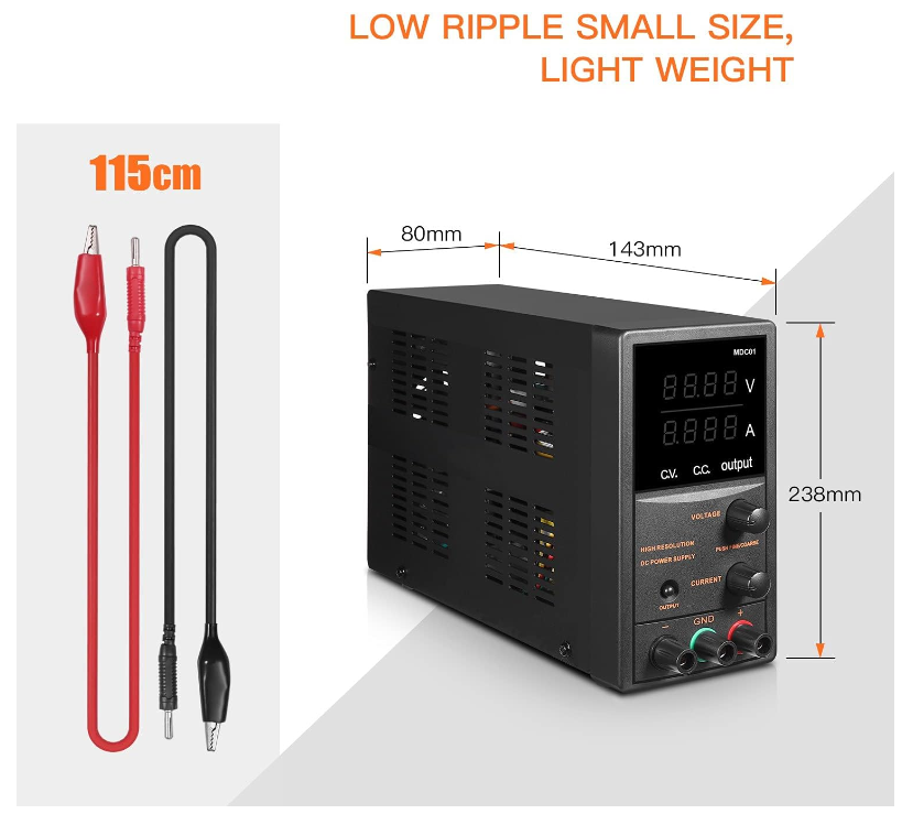 TACKLIFE DC Power Supply Variable, 30V 5A with 4 Digits Display, Course and Fine Adjustments(00.01V, 0.001A)-MDC01