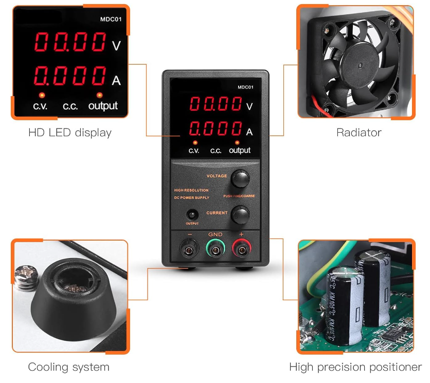 TACKLIFE DC Power Supply Variable, 30V 5A with 4 Digits Display, Course and Fine Adjustments(00.01V, 0.001A)-MDC01