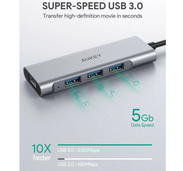 AUKEY CB-C94 4-Port USB C Hub Aluminum Alloy with 4 USB 3.0 Ports