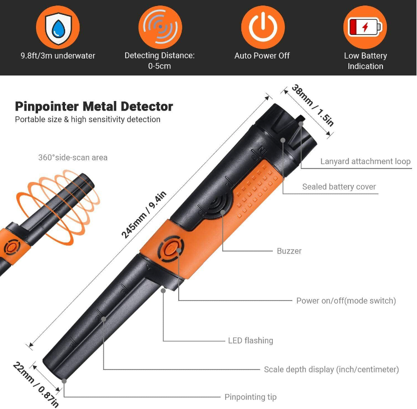 TACKLIFE Pinpointer Metal Detector Fully IP68 Waterproof with High Sensitivity, 9.8 Ft Underwater Measuring, Sound/Vibration Indication, 360° Scanning, Holster/Hanging Wire/Battery Included -MPP01