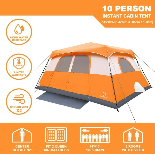 QOMOTOP 10 Person Family Camping Tent,2 Rooms, 60 Seconds Set up Waterproof Tent
