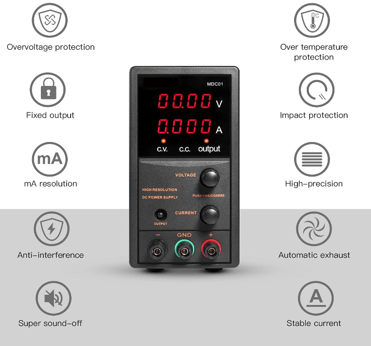 TACKLIFE DC Power Supply Variable, 30V 5A with 4 Digits Display, Course and Fine Adjustments(00.01V, 0.001A)-MDC01