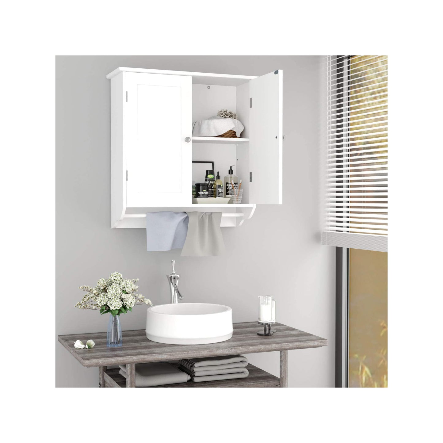 Homfa Bathroom Wall Cabinet, Over The Toilet Storage Cabinet with Double Door Cupboard and Adjustable Shelf and Towels Bar, White