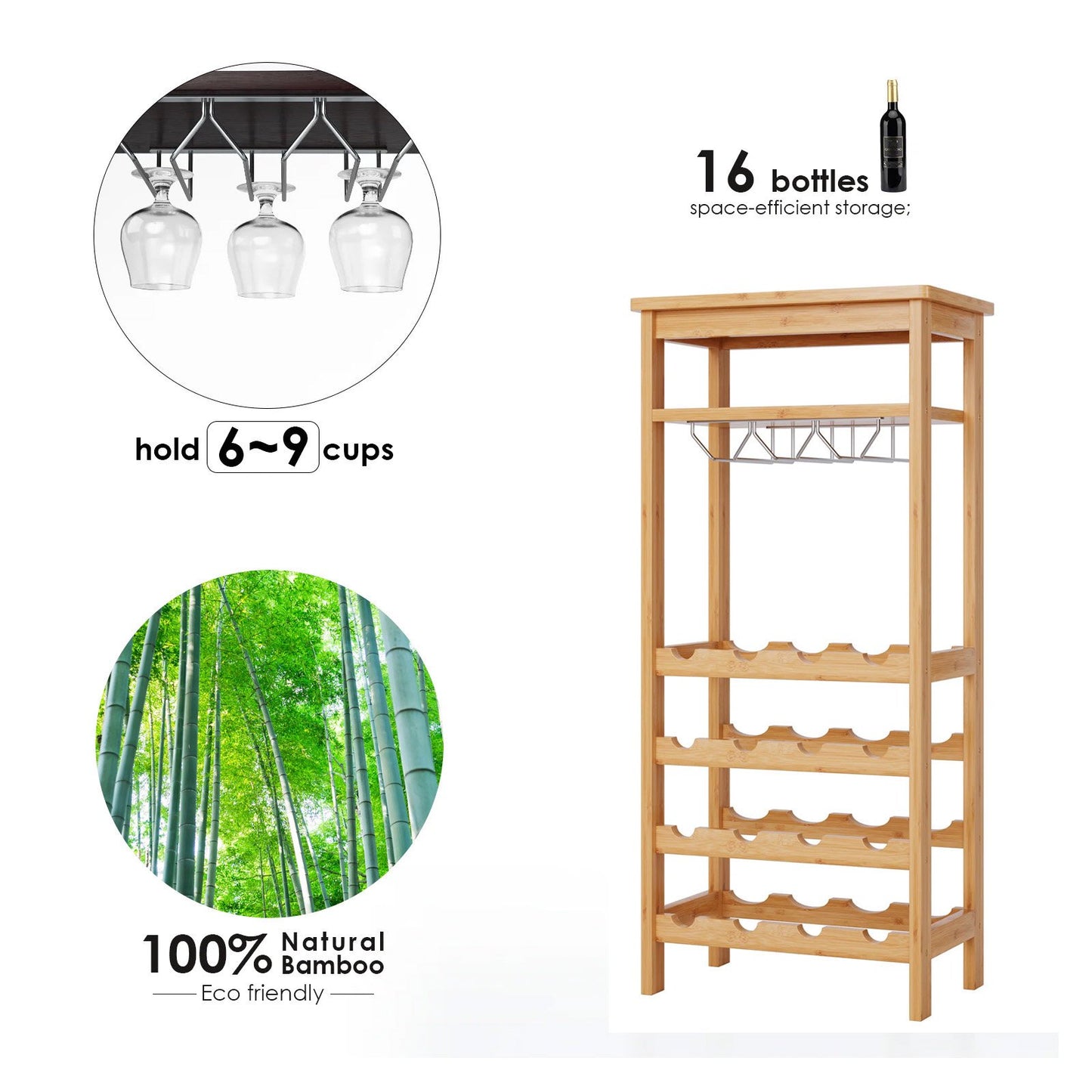 Homfa 4 Tier Bamboo Wine Rack, Free Standing Wine Storage Rack with Glass Holders for Home Kitchen, 16 Bottles Capacity, Natural Finish