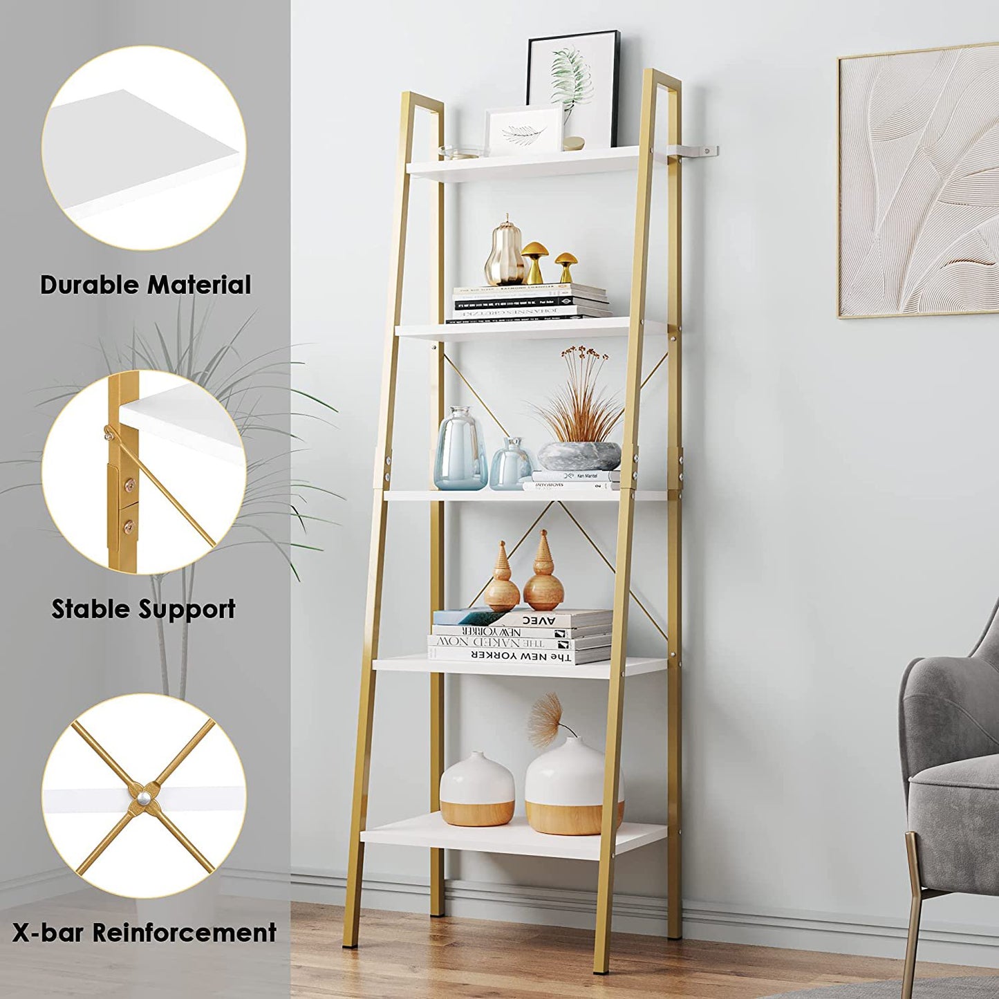 Homfa 5 Tier Gold Bookshelf, Modern Ladder Storage Shelf with Metal Frame for Office Living Room,White and Gold