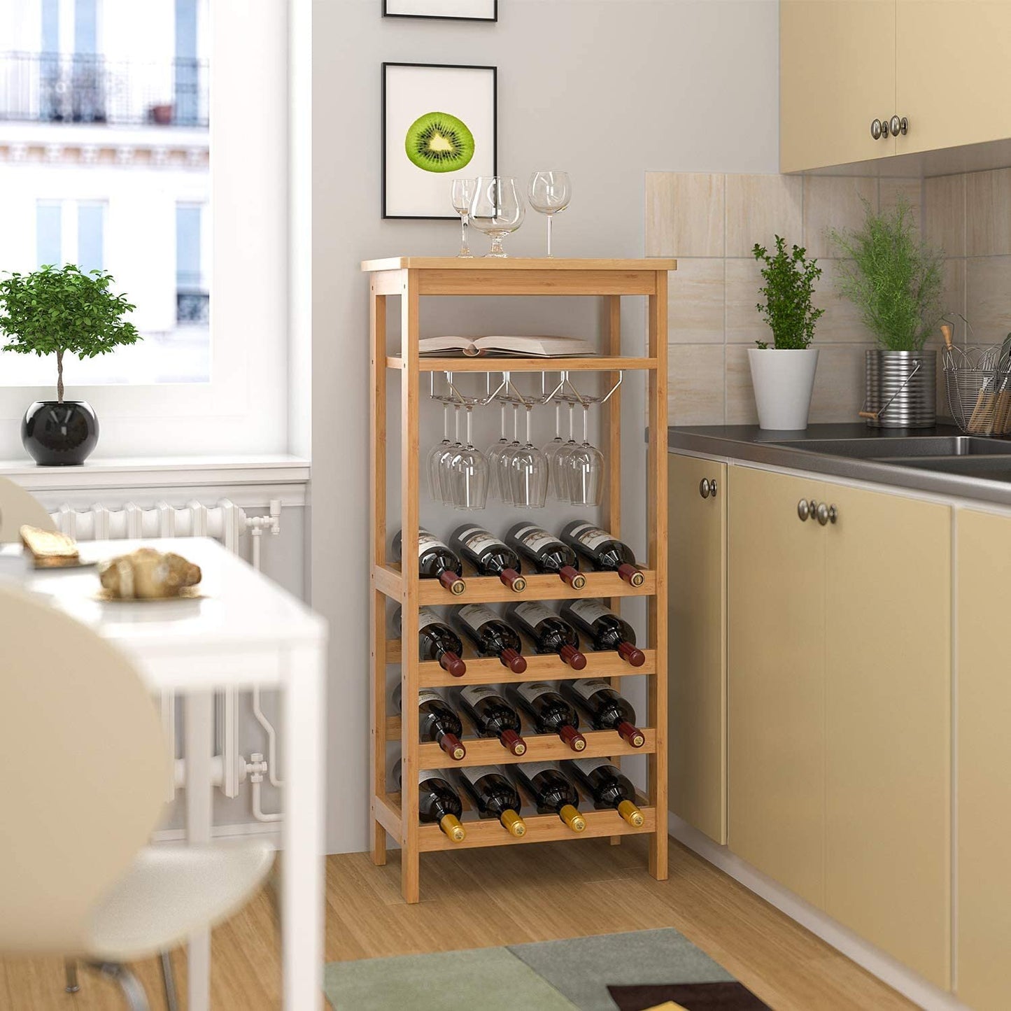 Homfa 4 Tier Bamboo Wine Rack, Free Standing Wine Storage Rack with Glass Holders for Home Kitchen, 16 Bottles Capacity, Natural Finish