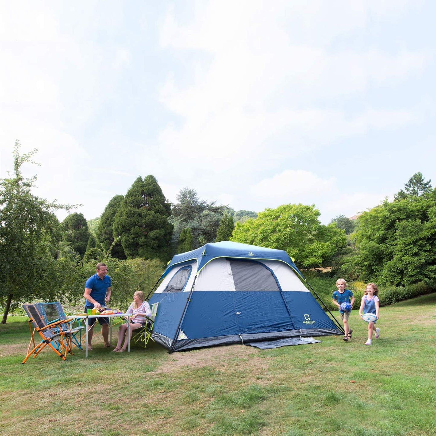 QOMOTOP 6 Person 60 Seconds Set Up Camping Tent, Waterproof Pop Up Tent with Top Rainfly, Instant Cabin Tent, Blue