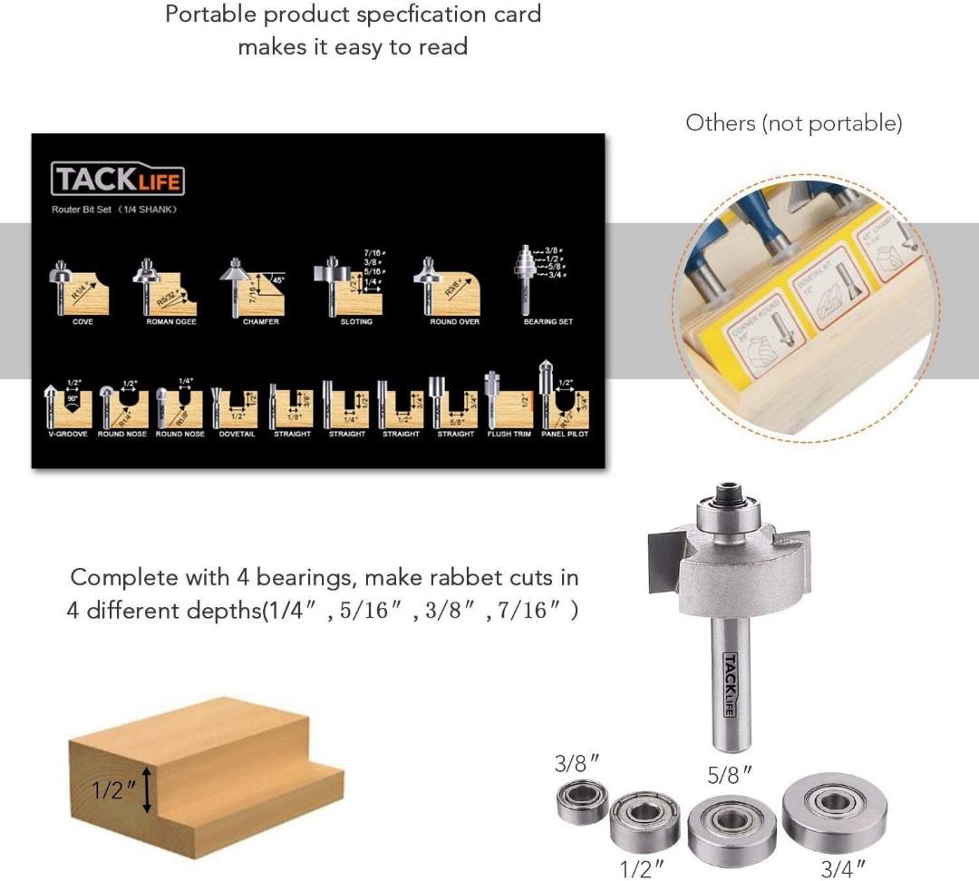 19Pcs Router Bits, Tacklife 15Pcs Professional Router Bit Set with 4Pcs Extra Bearing Sets, 1/4" Shank, C3 Micro-Grain Tungsten Carbide for Router and Router Table - ARB02C
