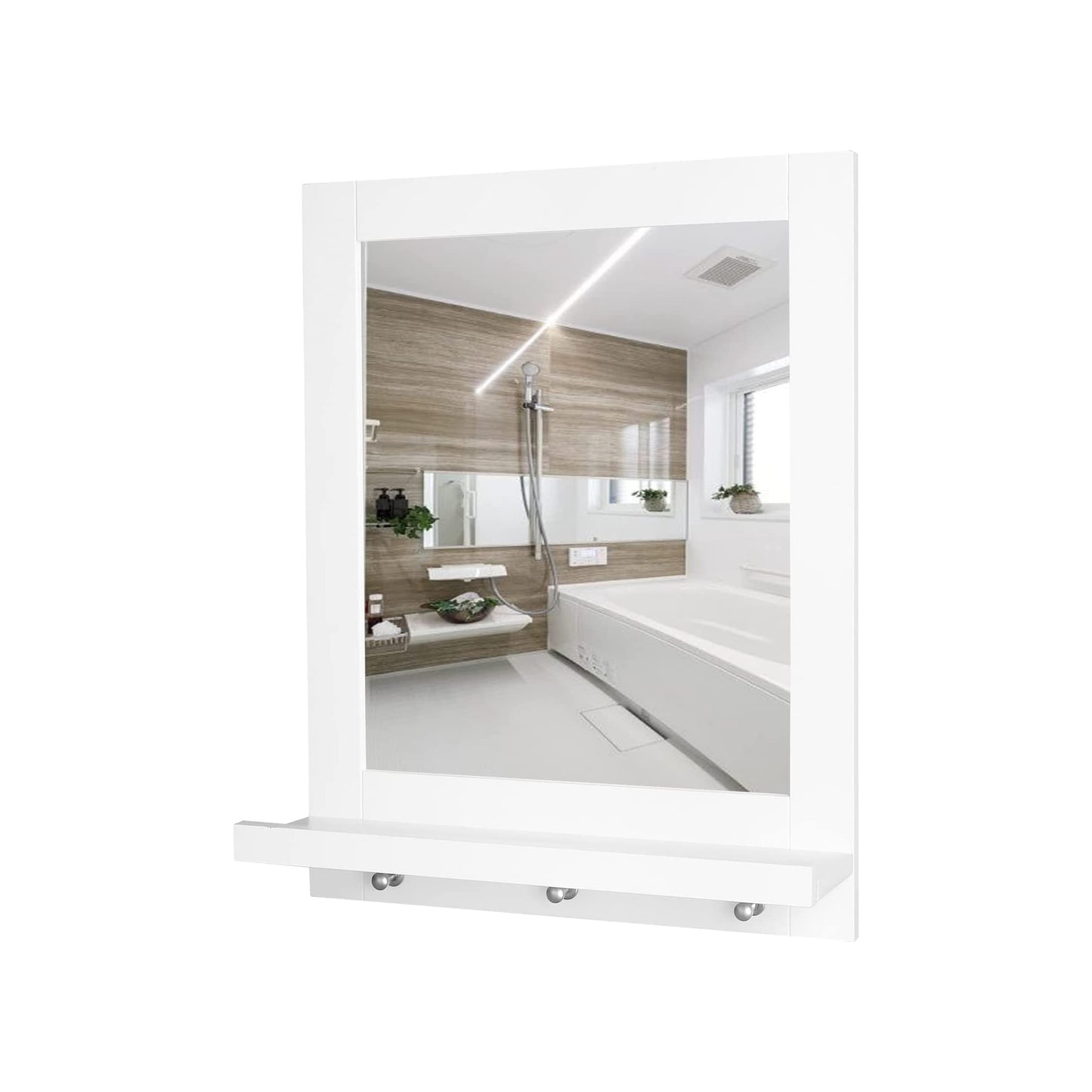 Homfa Wall Mirror with Shelf,26 Inch Height Mirror for Wall, Modern Wall-Mounted Mirror with 1 Shelf 3 Hooks for Bathroom-White