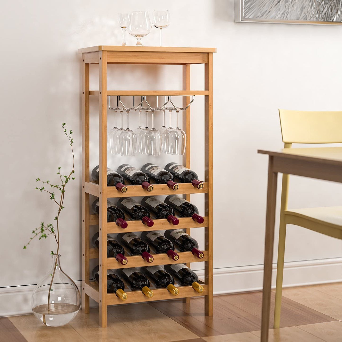Homfa 4 Tier Bamboo Wine Rack, Free Standing Wine Storage Rack with Glass Holders for Home Kitchen, 16 Bottles Capacity, Natural Finish