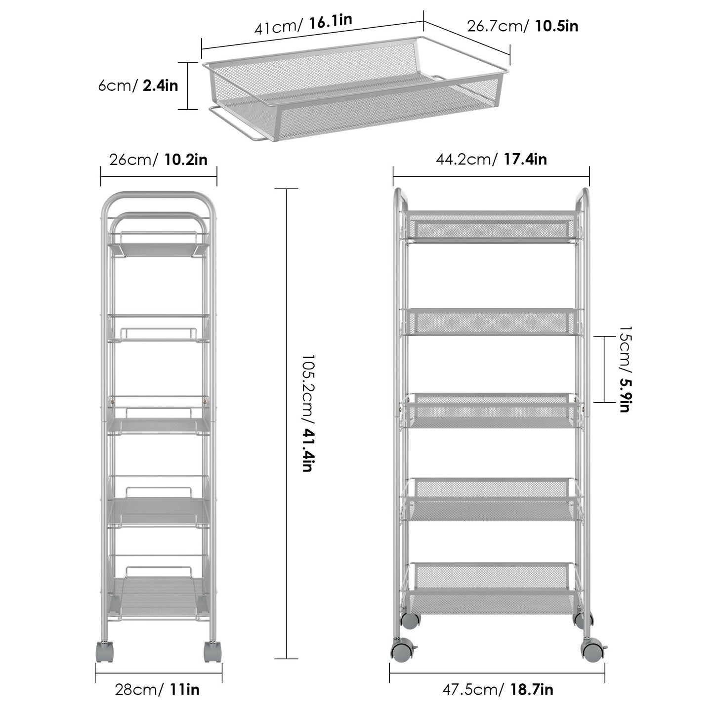 Kitchen Rolling Cart, Bathroom Storage Shelf, 5 Tier Mesh Vegetable Rack, Storage Trolley with Lockable Wheels, Silver Finish