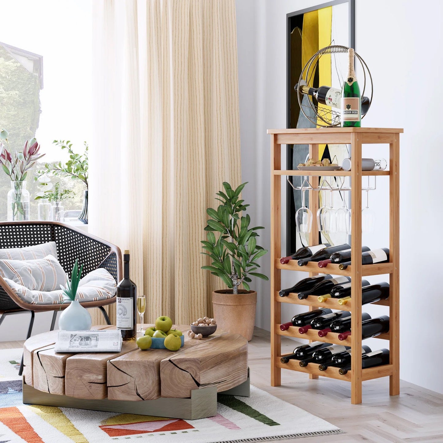 Homfa 4 Tier Bamboo Wine Rack, Free Standing Wine Storage Rack with Glass Holders for Home Kitchen, 16 Bottles Capacity, Natural Finish