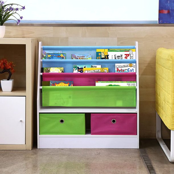Homfa Kids Bookshelf with Toy Organizers and Storage, Bookcase for Kids Room, Book Rack Non-Woven Fabric with 2 Storage Bin for Toddlers