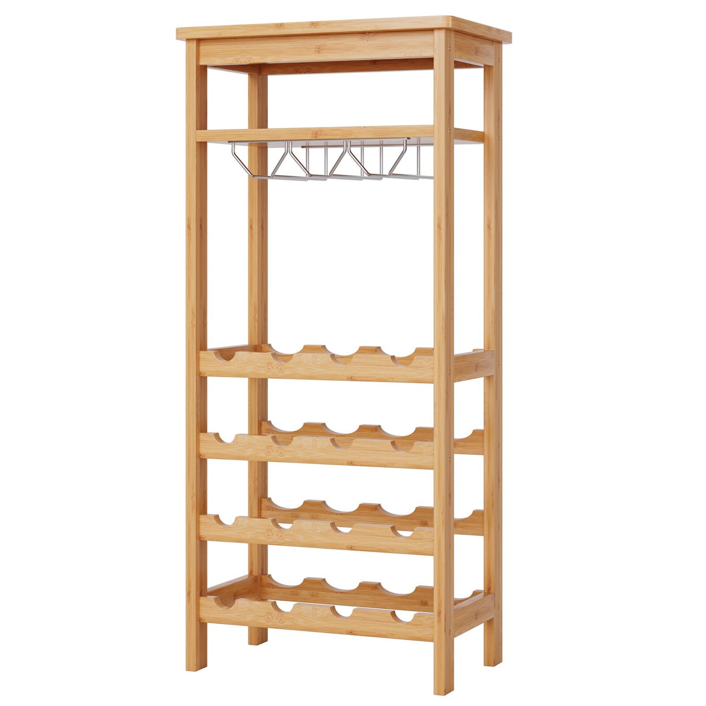 Homfa 4 Tier Bamboo Wine Rack, Free Standing Wine Storage Rack with Glass Holders for Home Kitchen, 16 Bottles Capacity, Natural Finish
