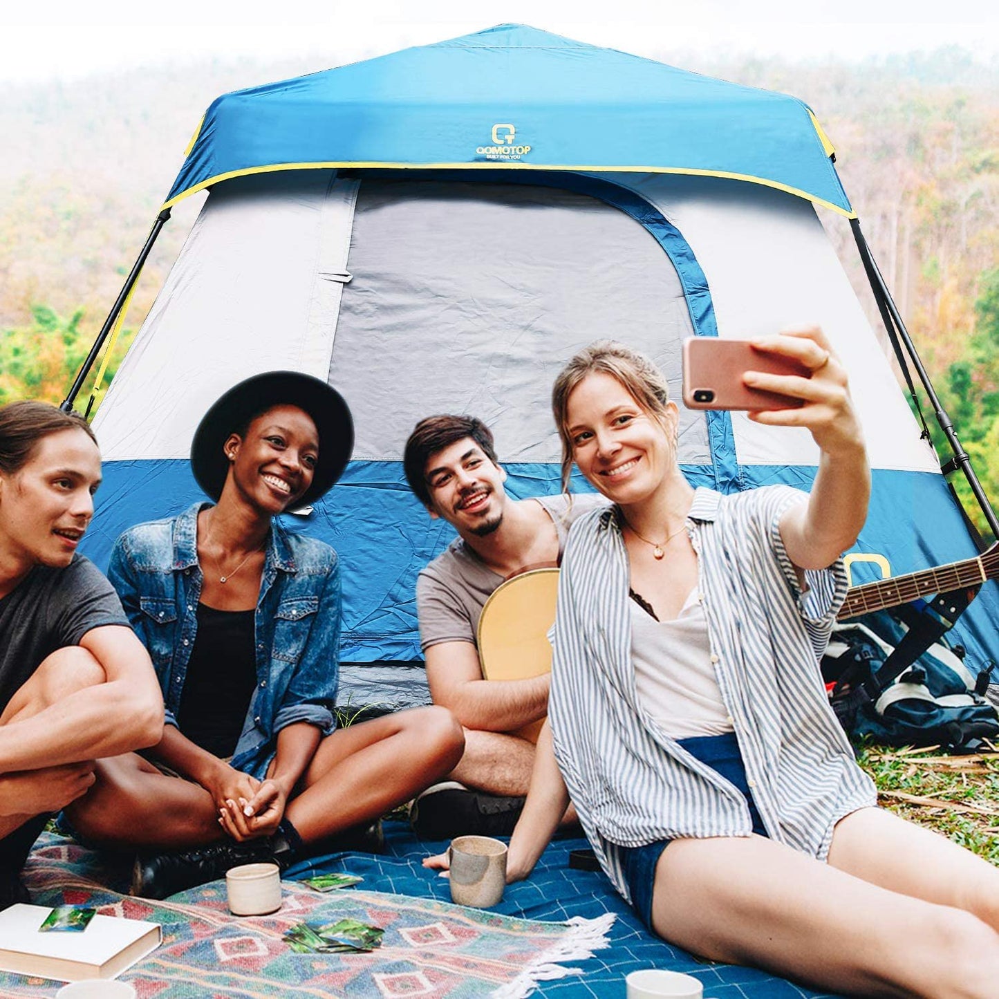 QOMOTOP 6 Person 60 Seconds Set Up Camping Tent, Waterproof Pop Up Tent with Top Rainfly, Instant Cabin Tent, Blue