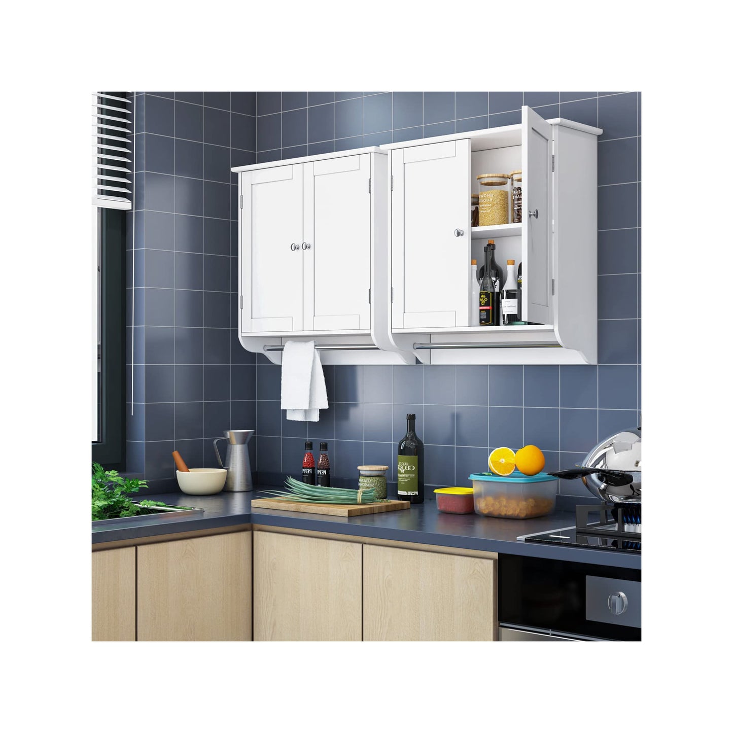 Homfa Bathroom Wall Cabinet, Over The Toilet Storage Cabinet with Double Door Cupboard and Adjustable Shelf and Towels Bar, White
