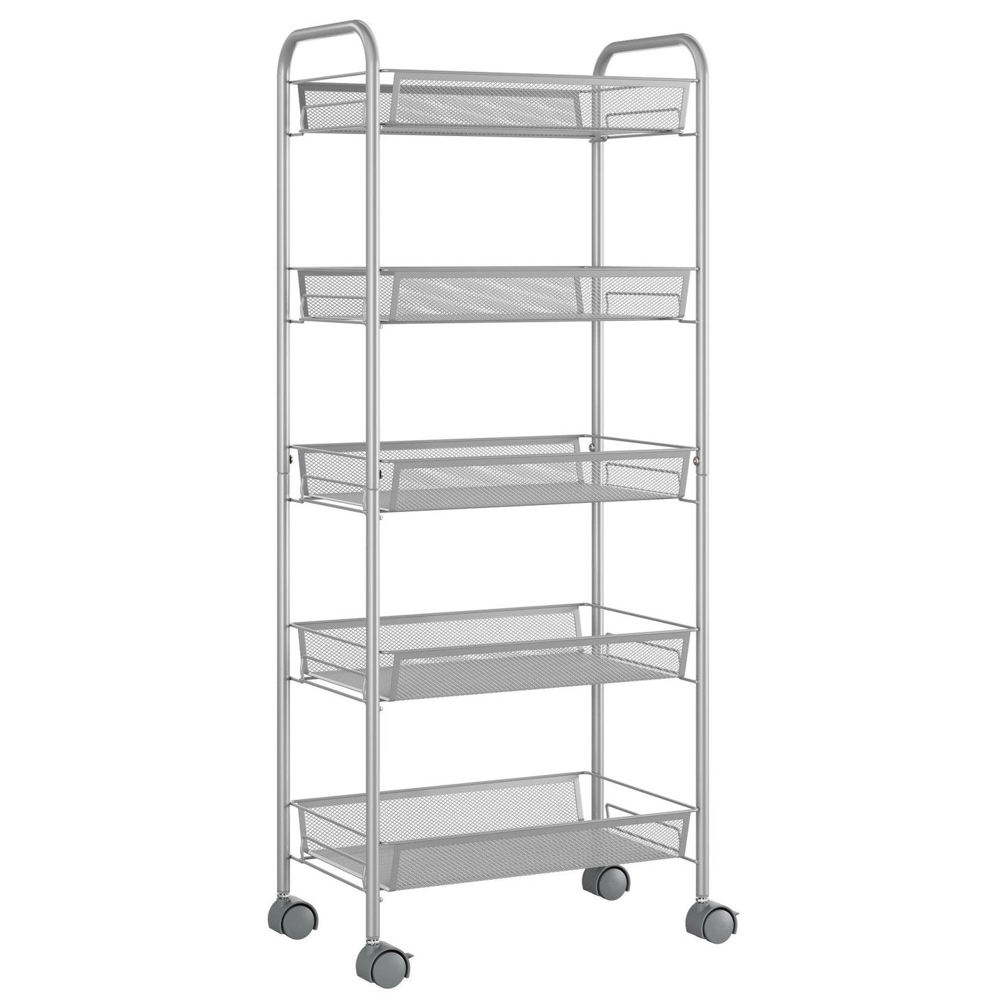 Kitchen Rolling Cart, Bathroom Storage Shelf, 5 Tier Mesh Vegetable Rack, Storage Trolley with Lockable Wheels, Silver Finish