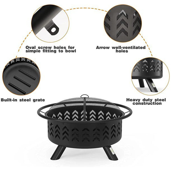QOMOTOP Outdoor Fire Pit, 36 in Large Steel Wood Burning Fire pits with Spark Screen and Fireplace Cover, for Patio Party & Bonfire QTFP03