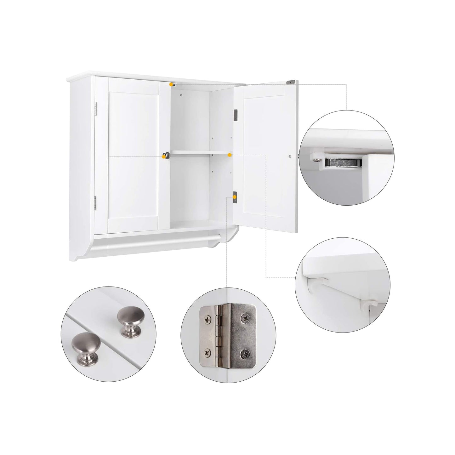 Homfa Bathroom Wall Cabinet, Over The Toilet Storage Cabinet with Double Door Cupboard and Adjustable Shelf and Towels Bar, White