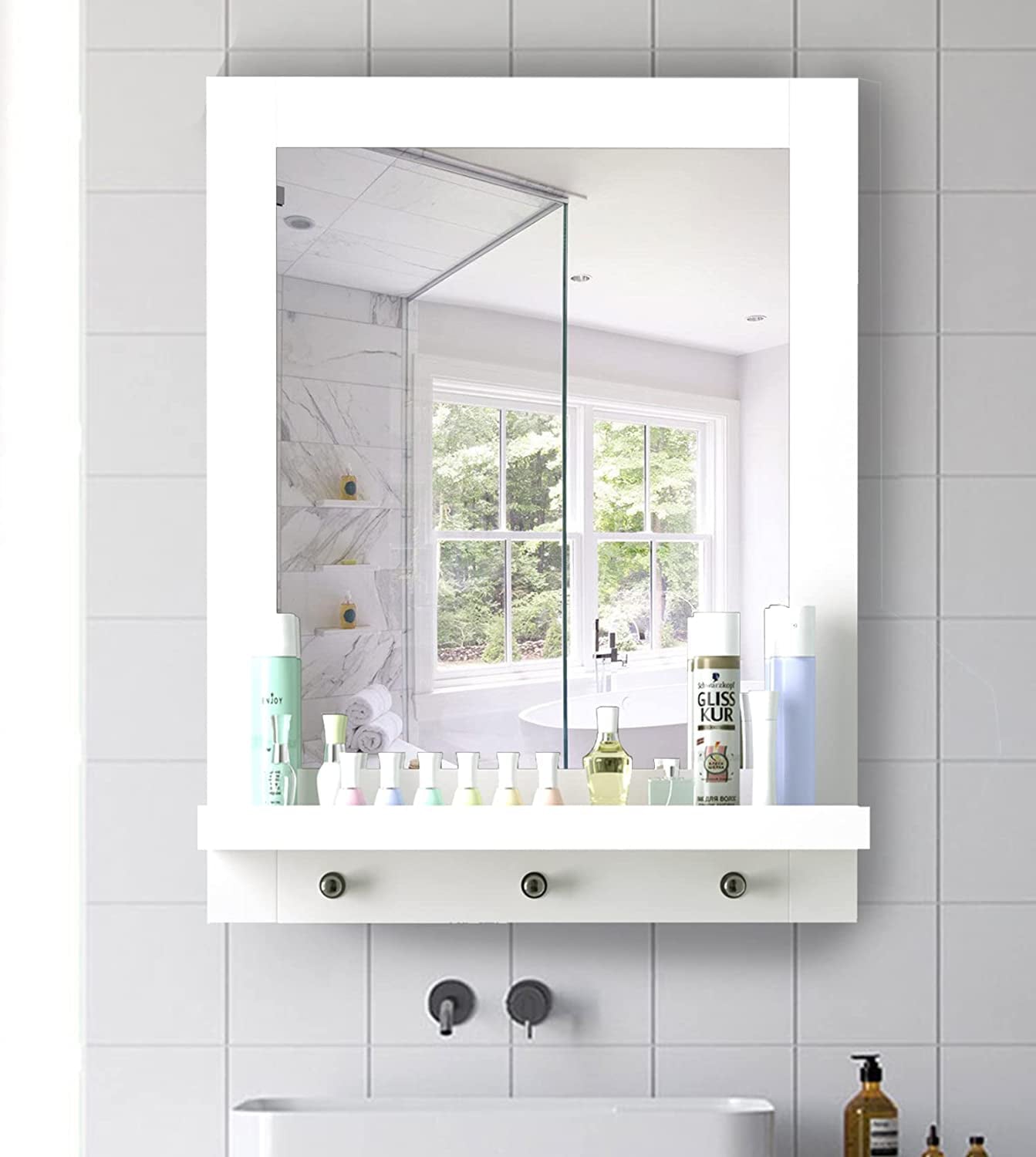 Homfa Wall Mirror with Shelf,26 Inch Height Mirror for Wall, Modern Wall-Mounted Mirror with 1 Shelf 3 Hooks for Bathroom-White