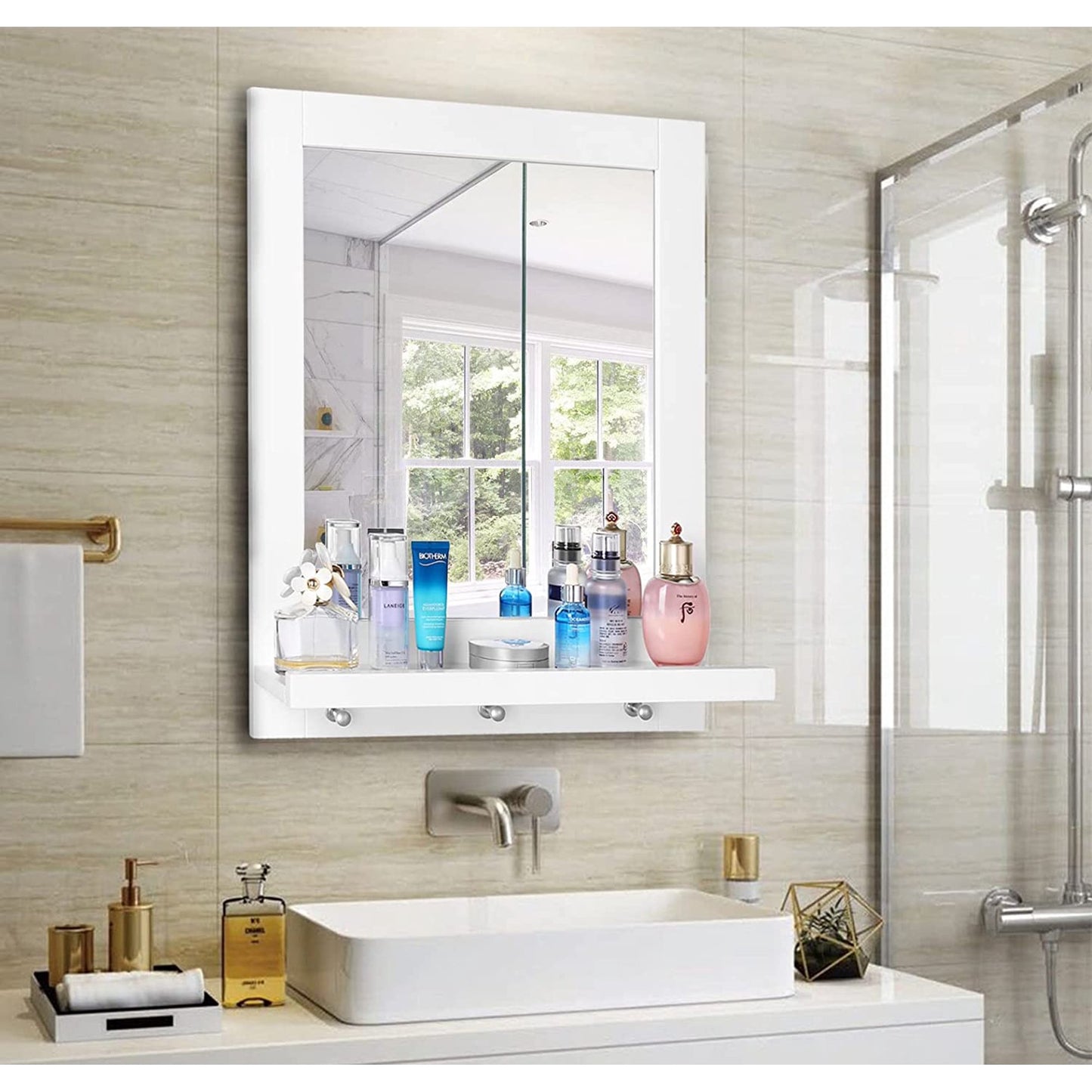 Homfa Wall Mirror with Shelf,26 Inch Height Mirror for Wall, Modern Wall-Mounted Mirror with 1 Shelf 3 Hooks for Bathroom-White