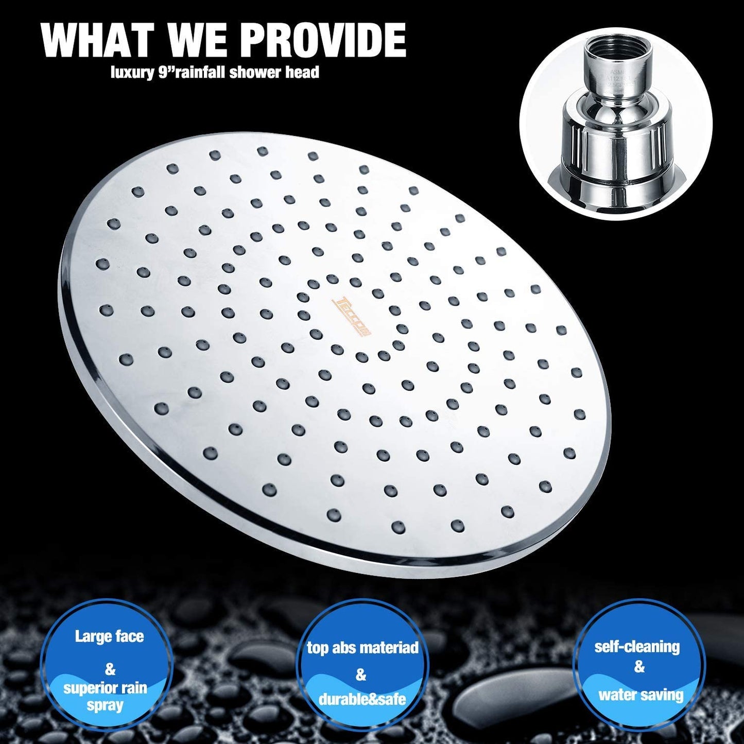 9 Inches Shower Head, TECCPO High Pressure Shower Head with ABS Polish Chrome Finish, Adjustable Pure Copper Swivel Ball Joint with Filter to Anti-Clog & Anti-Leak | TBSH01X