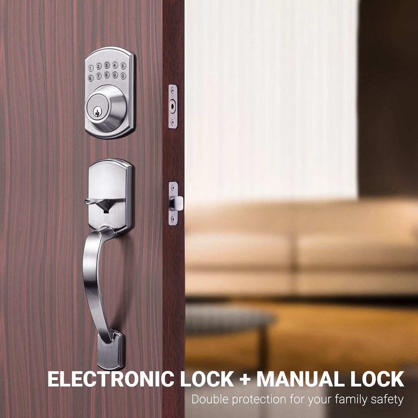 Keypad Deadbolt, Keyless Entry Lock Single Cylinder Front Door Lock with Polo Knob Featuring 1 Touch Motorized Locking, Auto Locking and Easy to Install, Stain Nickel