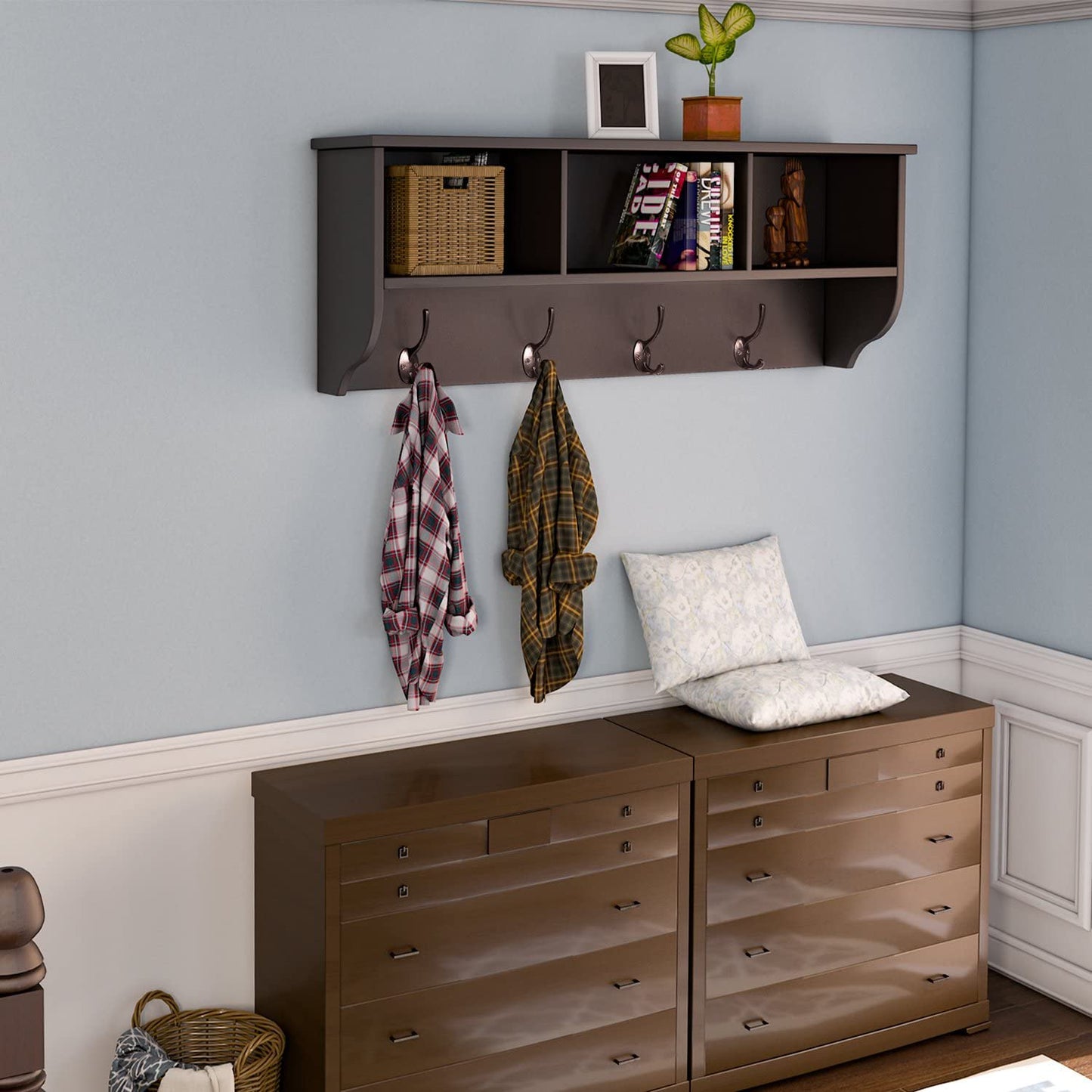 Homfa Hanging Entryway Shelf, 38.6’’ Wall Mounted Storage Cabinets Coat Rack with 4 Dual Hooks for Hallway, Bathroom, Living Room