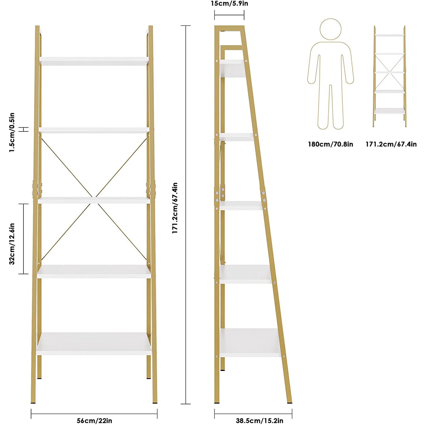Homfa 5 Tier Gold Bookshelf, Modern Ladder Storage Shelf with Metal Frame for Office Living Room,White and Gold