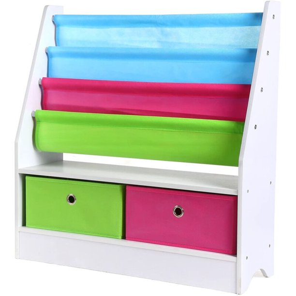 Homfa Kids Bookshelf with Toy Organizers and Storage, Bookcase for Kids Room, Book Rack Non-Woven Fabric with 2 Storage Bin for Toddlers