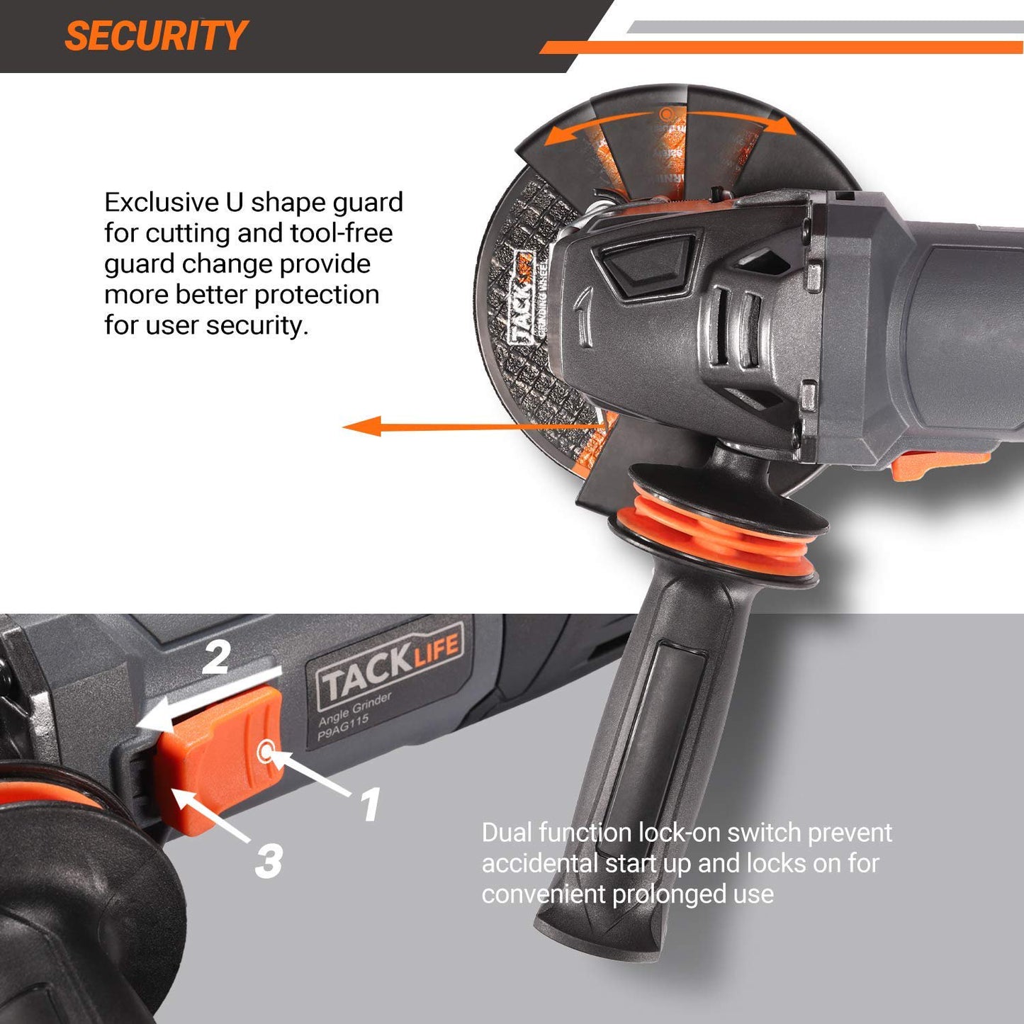 TACKLIFE 8.5Amp Angle Grinder Tool, 4-1/2-inch Angle Grinder 12000RPM, with Anti-Vibration Handle - P9AG115