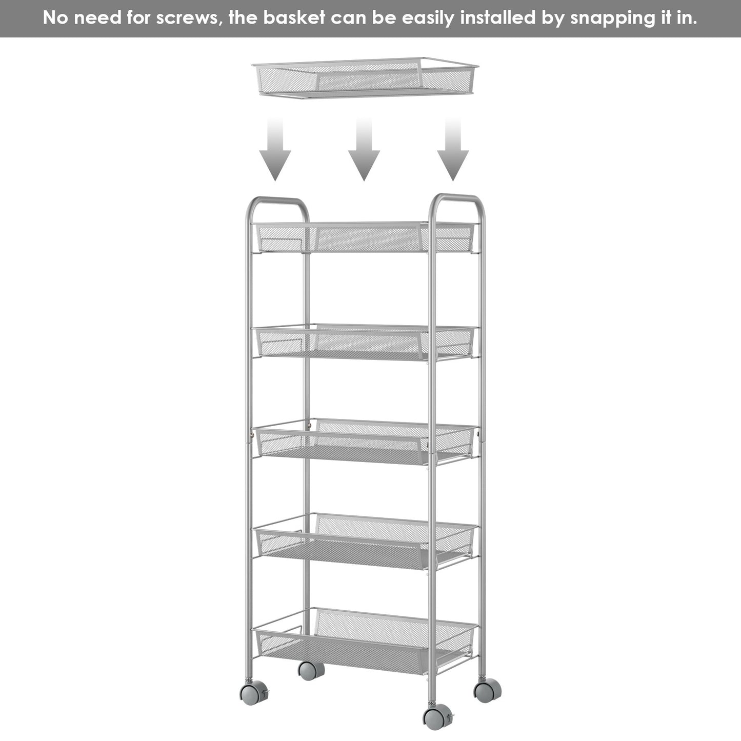 Kitchen Rolling Cart, Bathroom Storage Shelf, 5 Tier Mesh Vegetable Rack, Storage Trolley with Lockable Wheels, Silver Finish