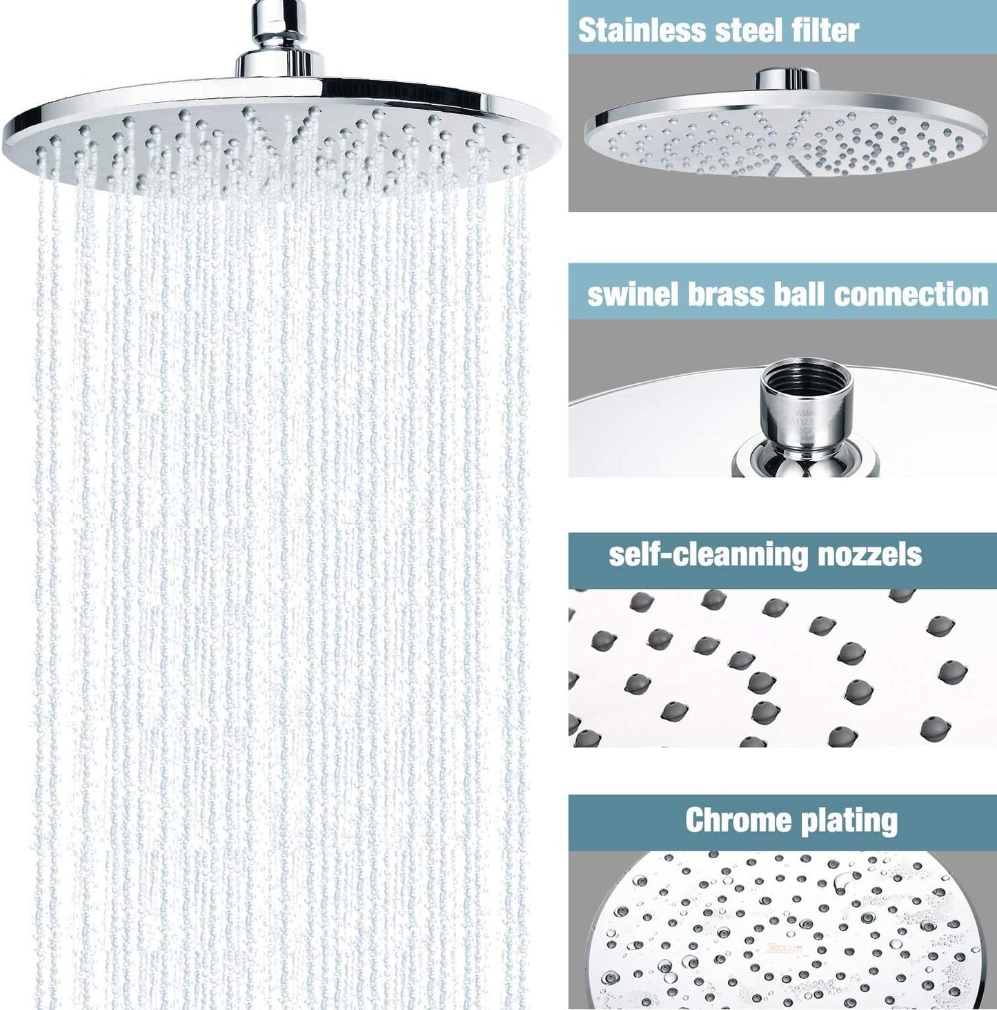 9 Inches Shower Head, TECCPO High Pressure Shower Head with ABS Polish Chrome Finish, Adjustable Pure Copper Swivel Ball Joint with Filter to Anti-Clog & Anti-Leak | TBSH01X