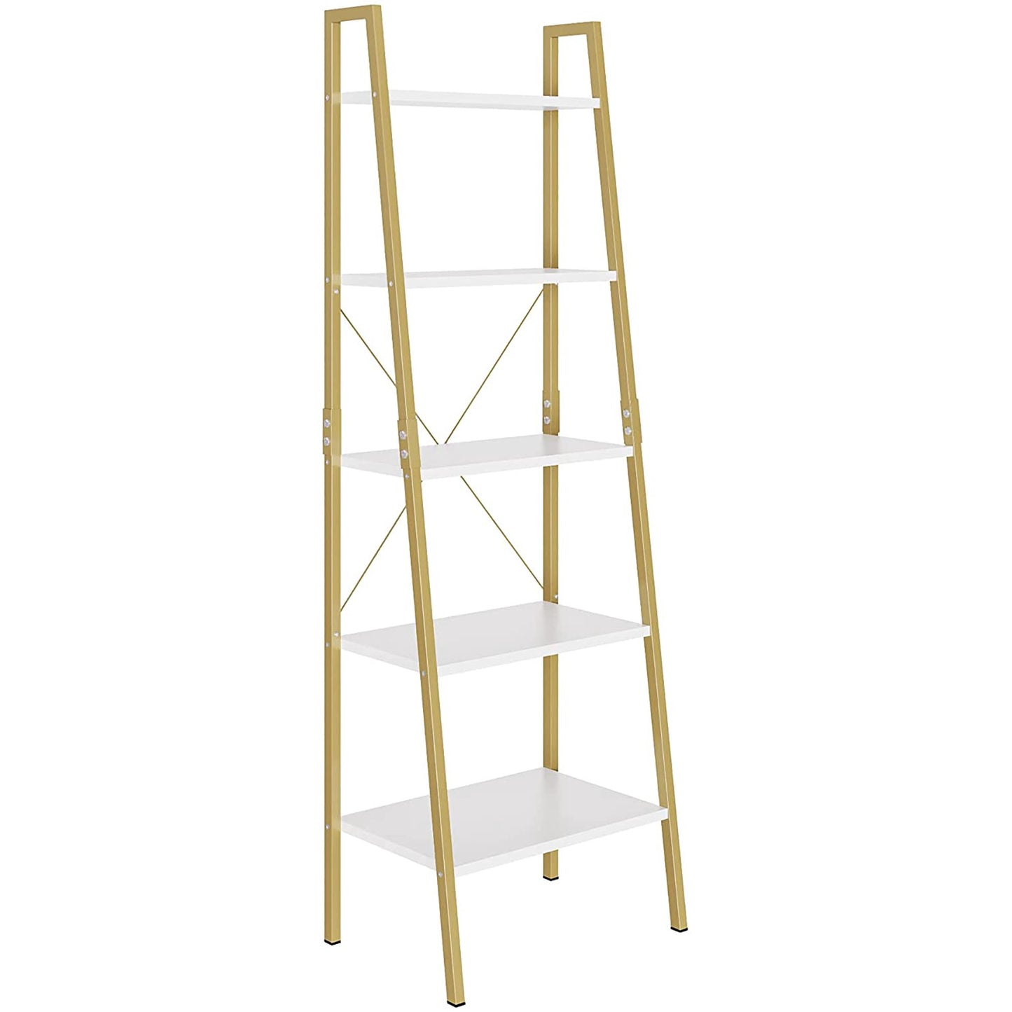 Homfa 5 Tier Gold Bookshelf, Modern Ladder Storage Shelf with Metal Frame for Office Living Room,White and Gold