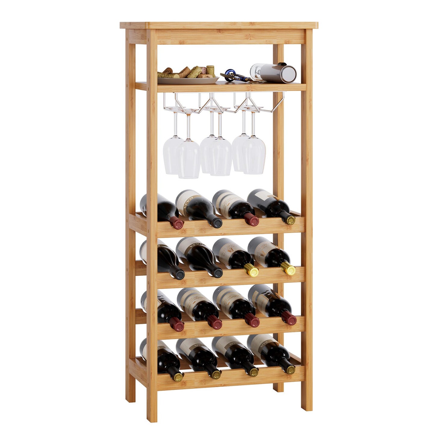 Homfa 4 Tier Bamboo Wine Rack, Free Standing Wine Storage Rack with Glass Holders for Home Kitchen, 16 Bottles Capacity, Natural Finish