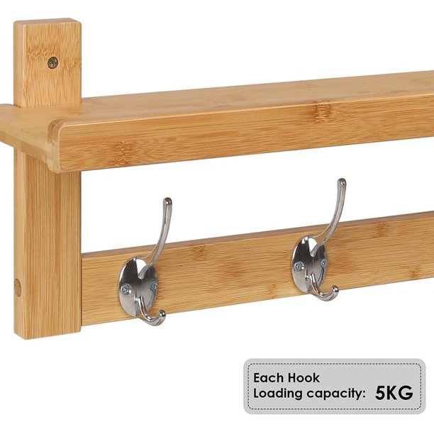 Homfa Wall Mounted Shelf with Storage, Bamboo Wall Coat Rack with 5 Hooks for Entryway, Natural
