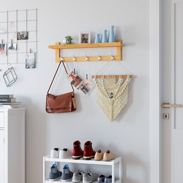 Homfa Wall Mounted Shelf with Storage, Bamboo Wall Coat Rack with 5 Hooks for Entryway, Natural