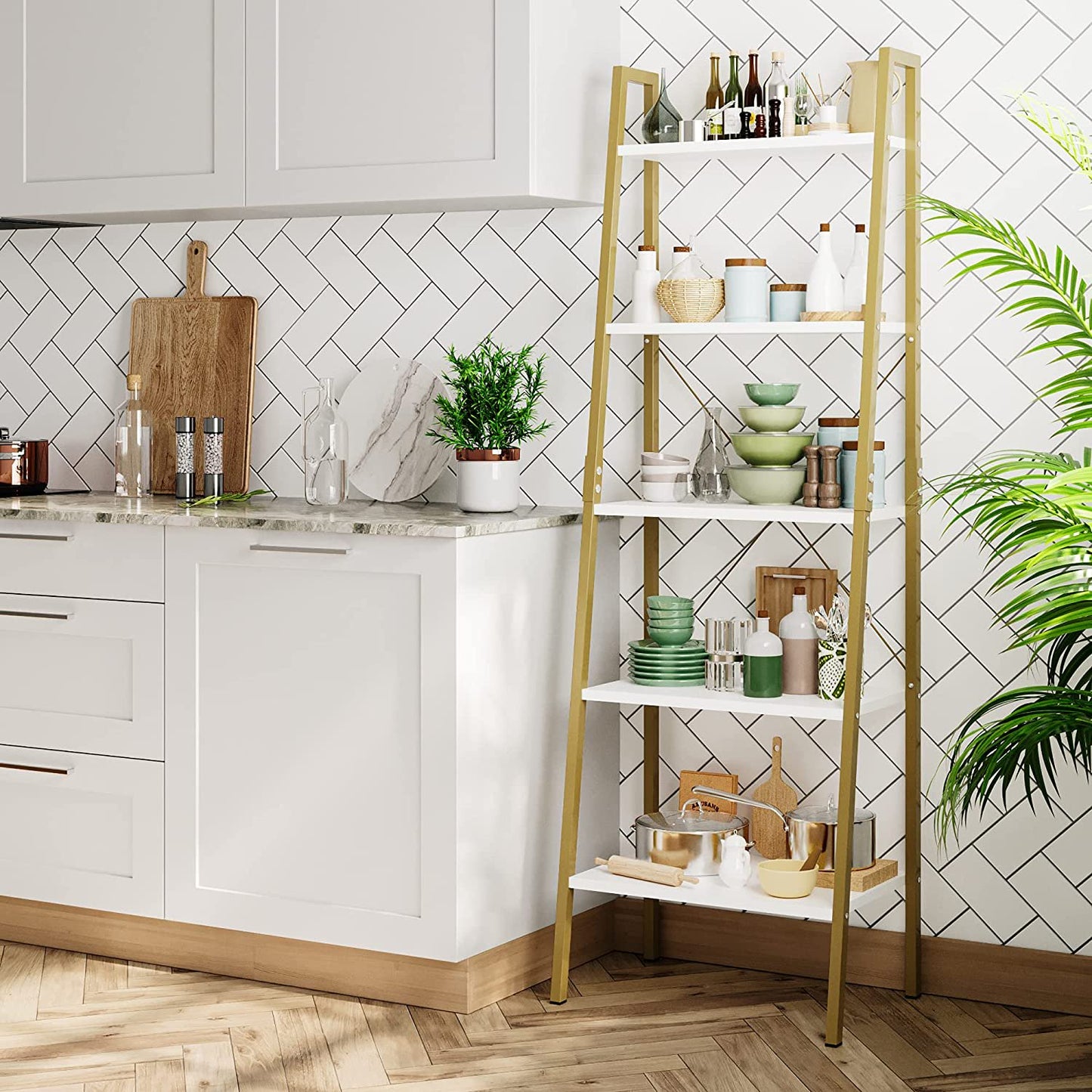 Homfa 5 Tier Gold Bookshelf, Modern Ladder Storage Shelf with Metal Frame for Office Living Room,White and Gold