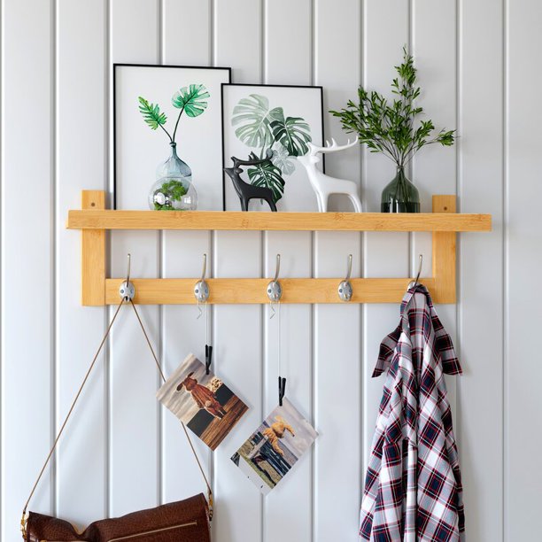 Homfa Wall Mounted Shelf with Storage, Bamboo Wall Coat Rack with 5 Hooks for Entryway, Natural