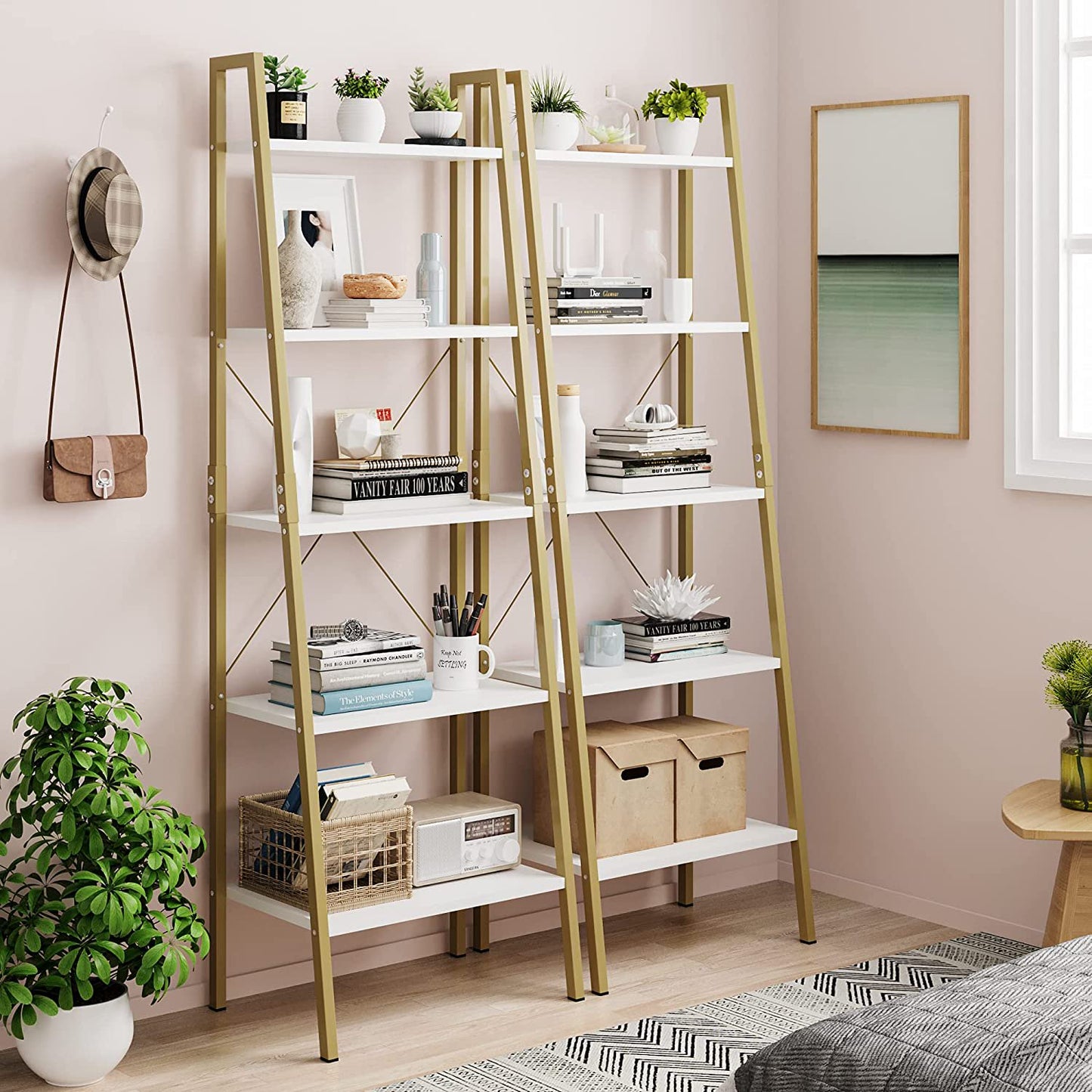 Homfa 5 Tier Gold Bookshelf, Modern Ladder Storage Shelf with Metal Frame for Office Living Room,White and Gold