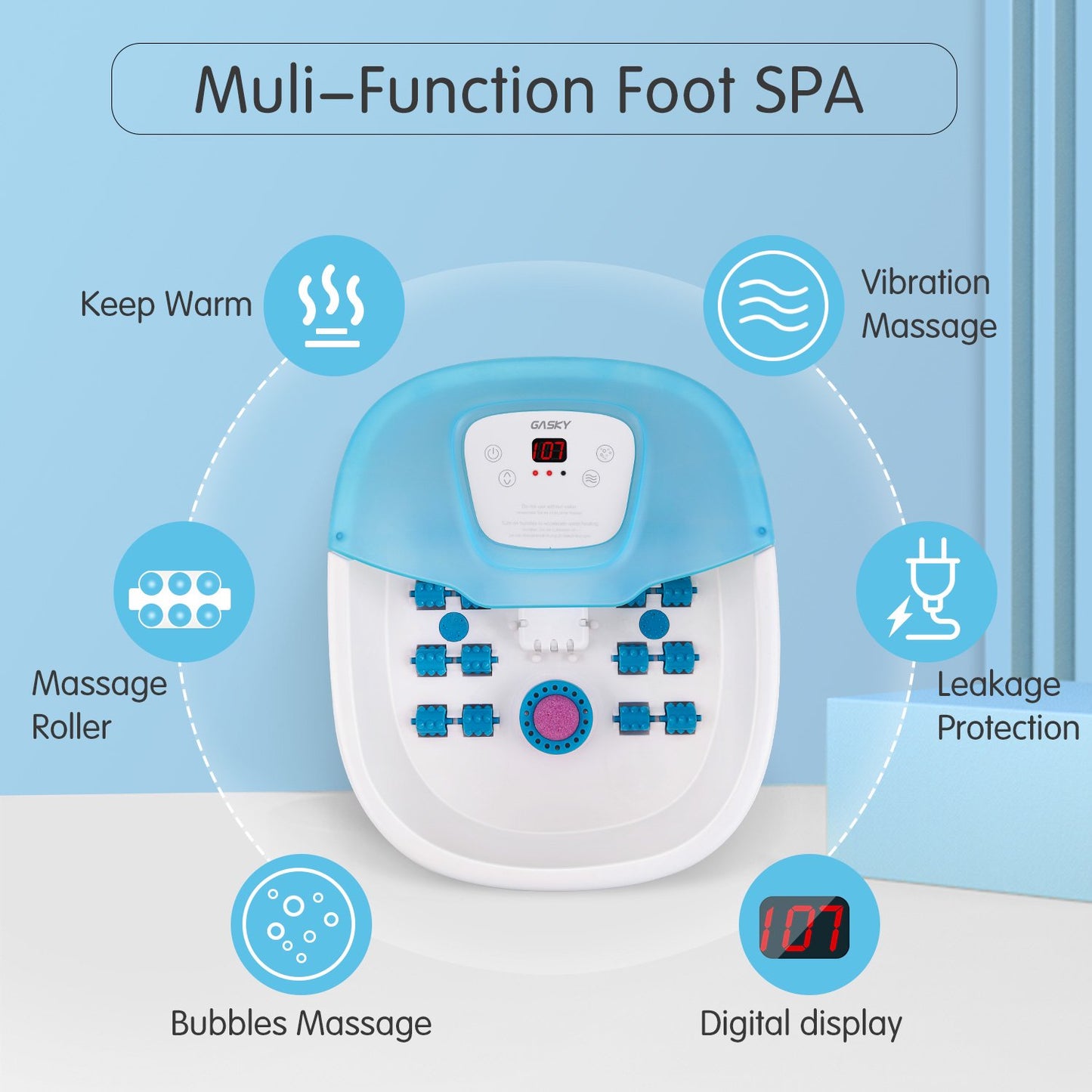 Gasky Foot Bath Massager Adjustable Temperature Foot Soaking Bath Basin with Heat, Vibration, Bubbles and Pedicure Grinding Stone, 16 Shiatsu Masssage Rollers