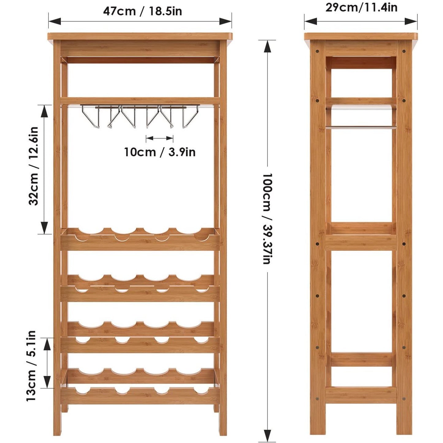 Homfa 4 Tier Bamboo Wine Rack, Free Standing Wine Storage Rack with Glass Holders for Home Kitchen, 16 Bottles Capacity, Natural Finish