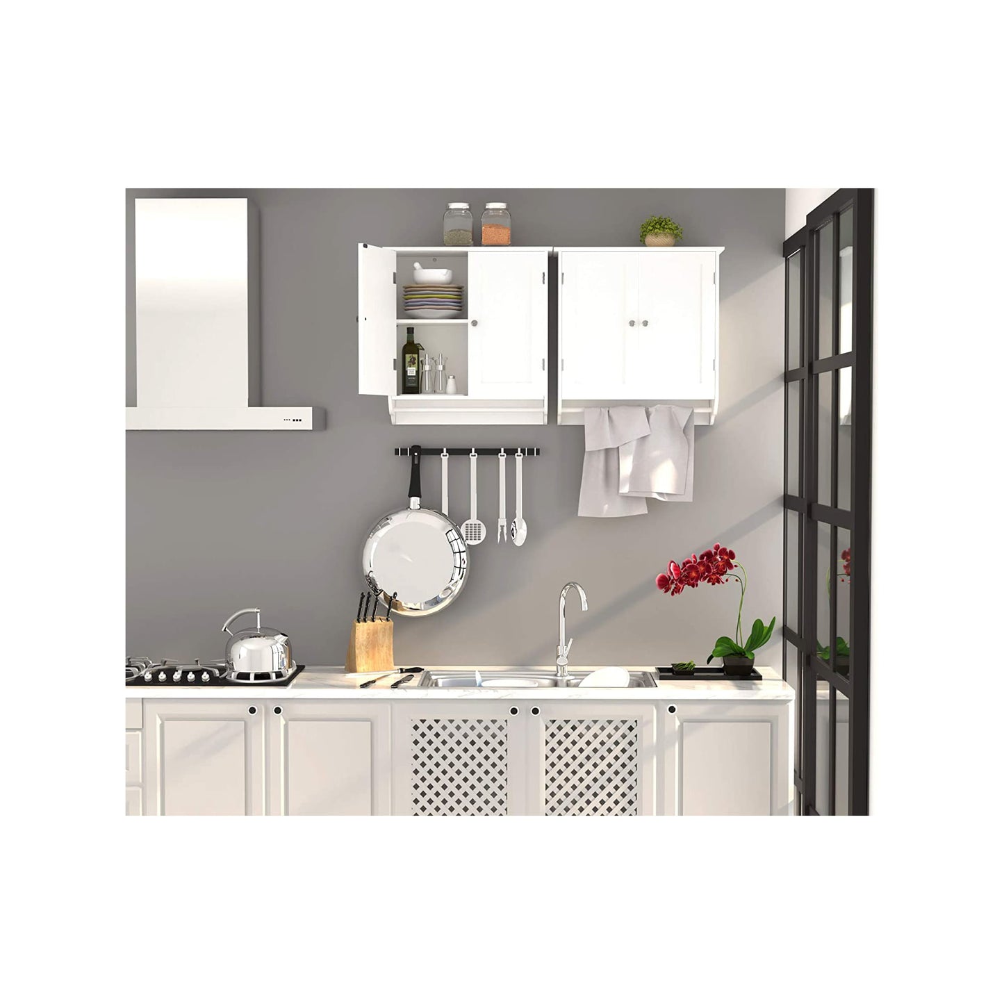 Homfa Bathroom Wall Cabinet, Over The Toilet Storage Cabinet with Double Door Cupboard and Adjustable Shelf and Towels Bar, White